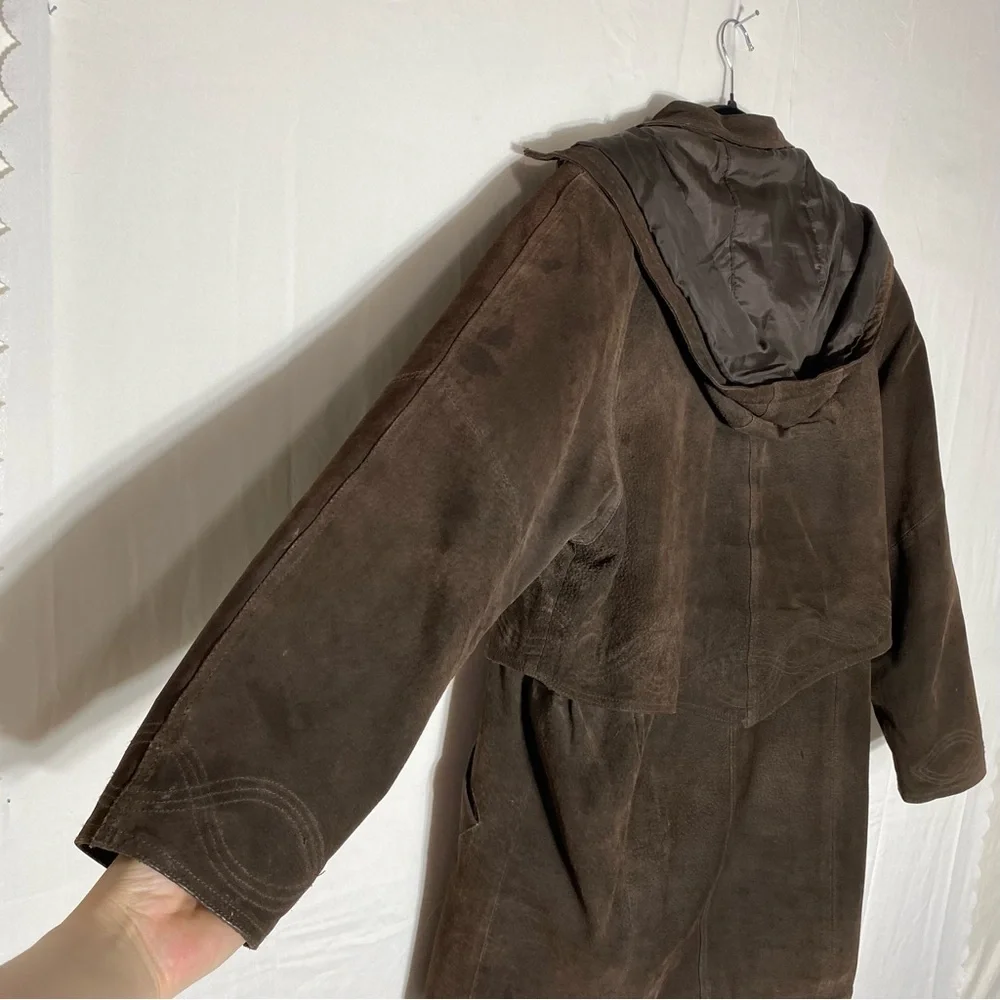 Vintage 90s Outlook Brown Suede Leather Coat With Drawstring Waist M - Picture 13 of 16